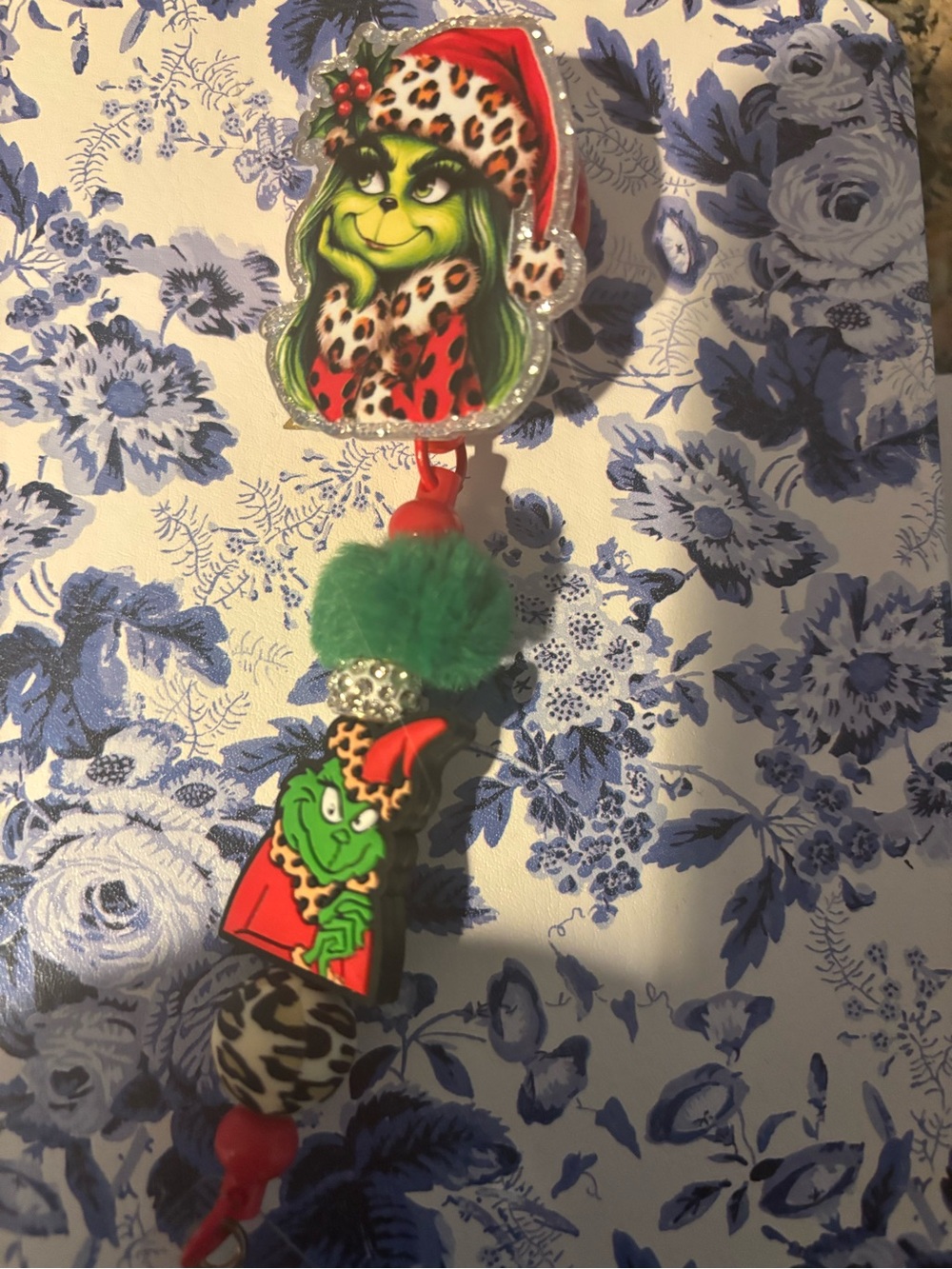 Grinch Holiday Pom Keychain - Green, Red, Leopard
